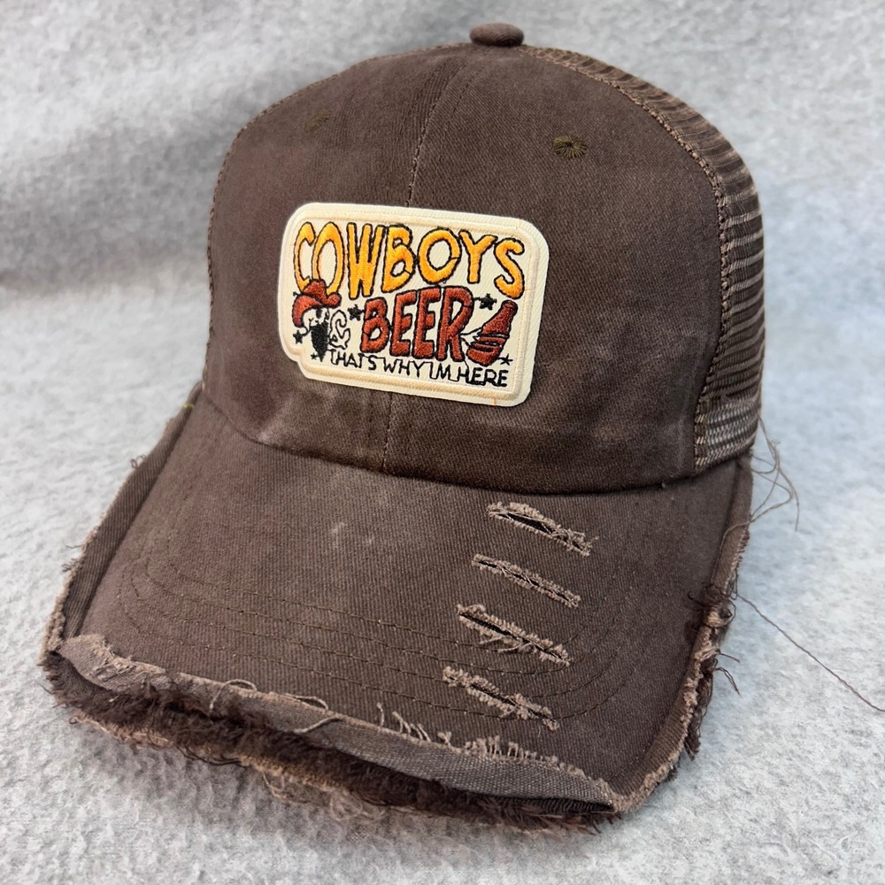 Cowboys & Beer Brown Unbranded Trucker Hat Distressed Snapback OSFM